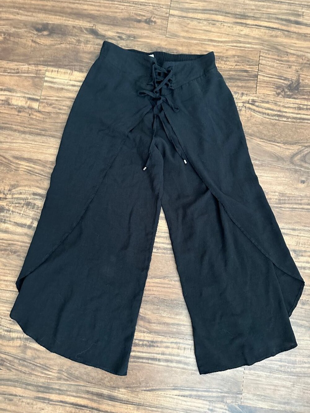 Black Cotton Linen Corset Lace-up desig Wide Leg Boho Womens flowy capris Size S